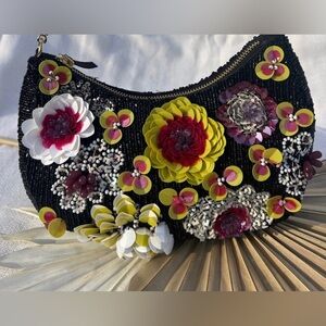 Viral Black Beaded Bag with Colorful Flower Details, Handmade, NWT